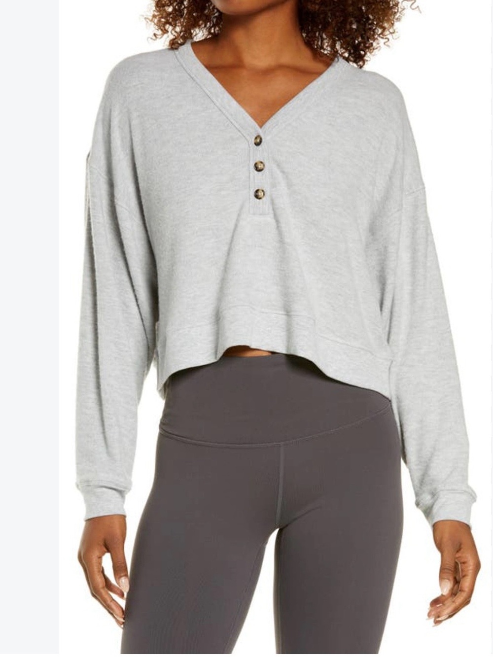 ALO Yoga Light Gray Cropped V-Neck Henley Top